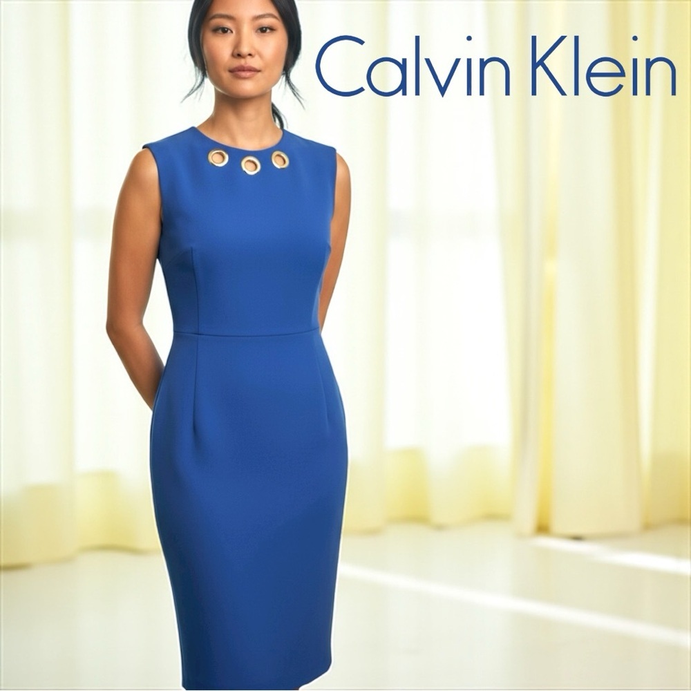 CALVIN KLEIN Size 4 Blue Grommet Neck Sleeveless Scuba Dress NWT